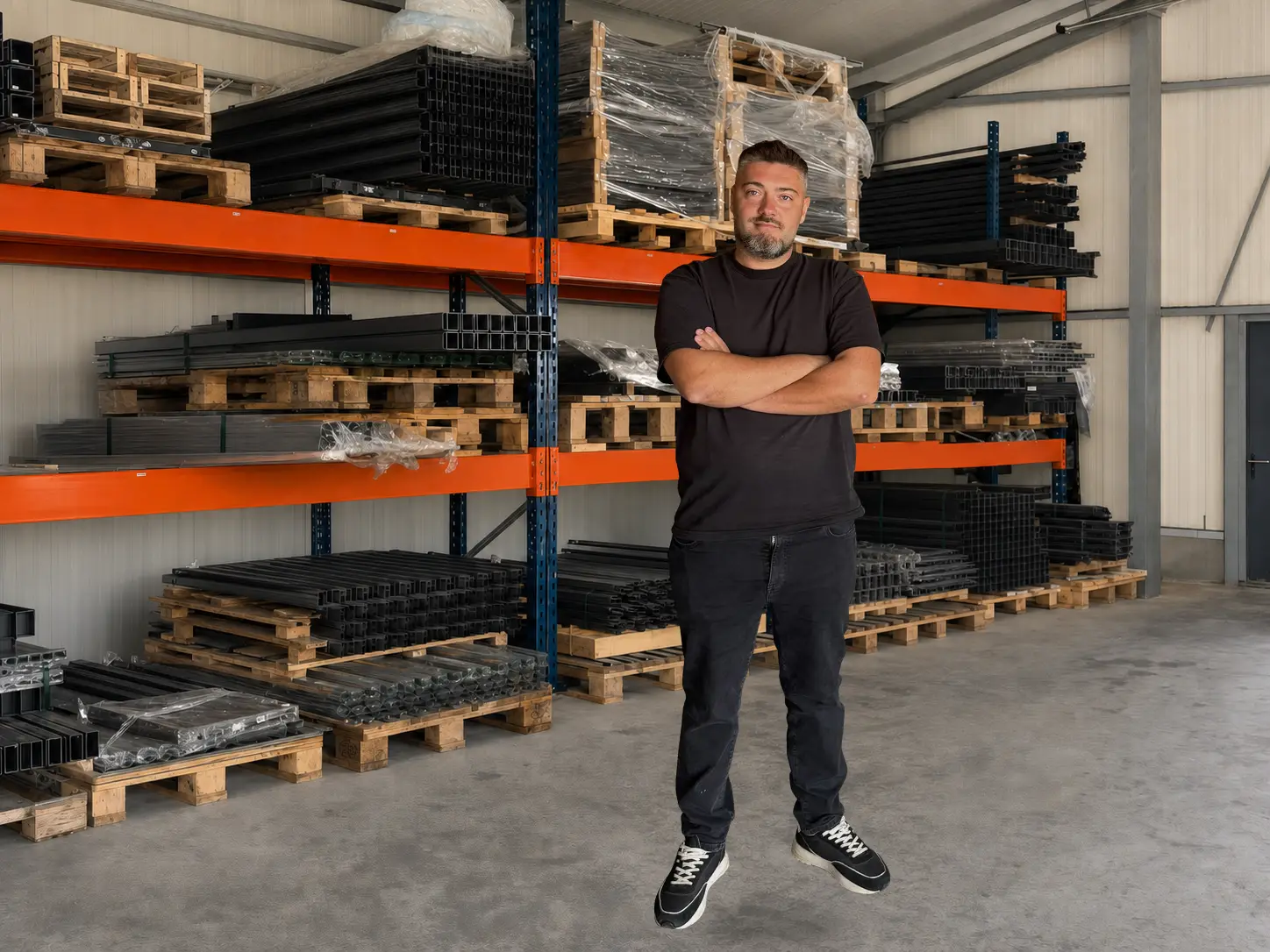Andreas im Materiallager von Zaunbau-Pfalz