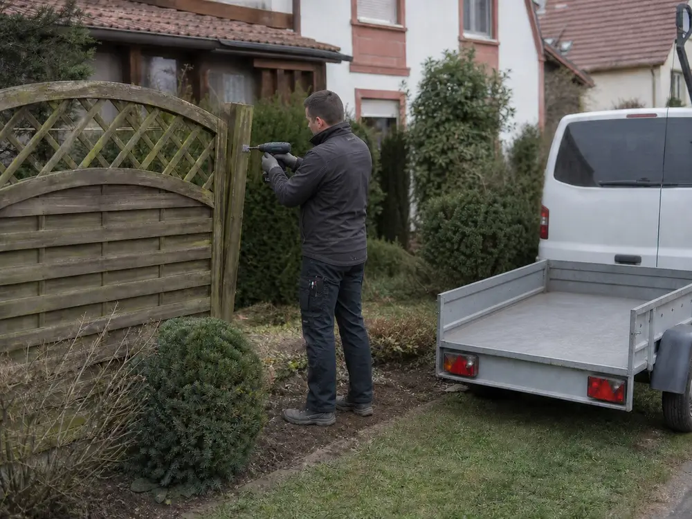 Ein Arbeiter lädt abgebaute alte Holzzaunelemente auf einen Anhänger