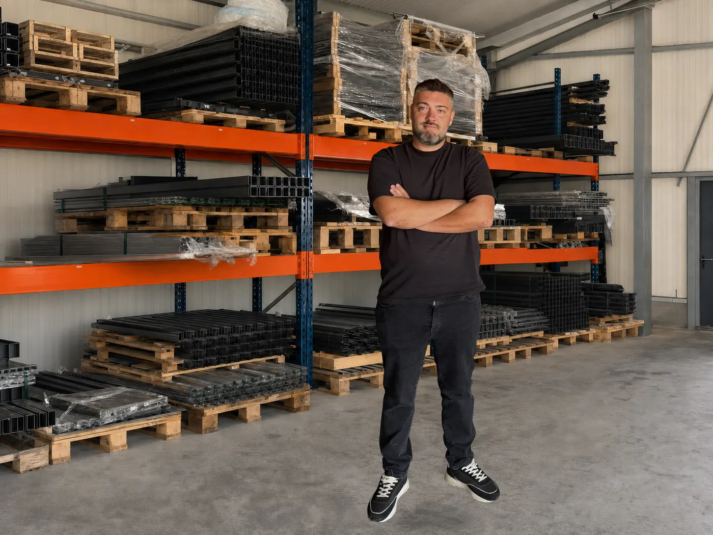 Andreas im Materiallager von Zaunbau-Pfalz
