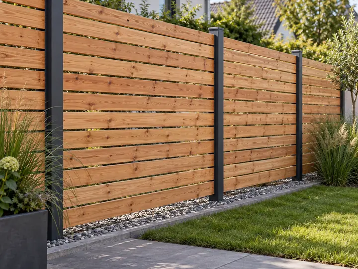 Holzzaun mit waagerechten Brettern und anthrazitfarbenen Metallpfosten neben einer Gartenterrasse