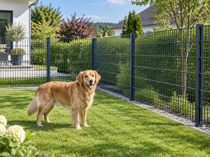 Golden Retriever auf einer Rasenfläche vor einem anthrazitfarbenen Doppelstabmattenzaun um einen Garten