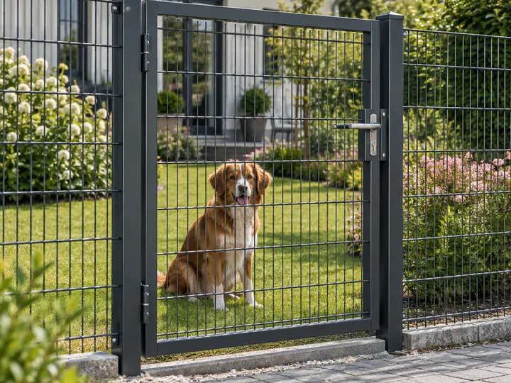 Braun-weißer Hund auf dem Rasen hinter einem geschlossenen anthrazitfarbenen Gartentor mit passendem Gitterzaun