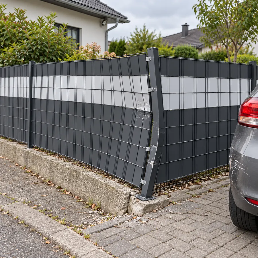 Angefahrener Zaun mit verbogenem Eckpfosten neben einem Auto