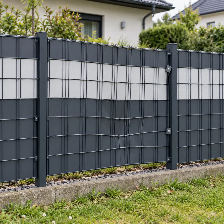 Ein einzelnes verbogenes Zaunfeld zwischen intakten Doppelstabmatten